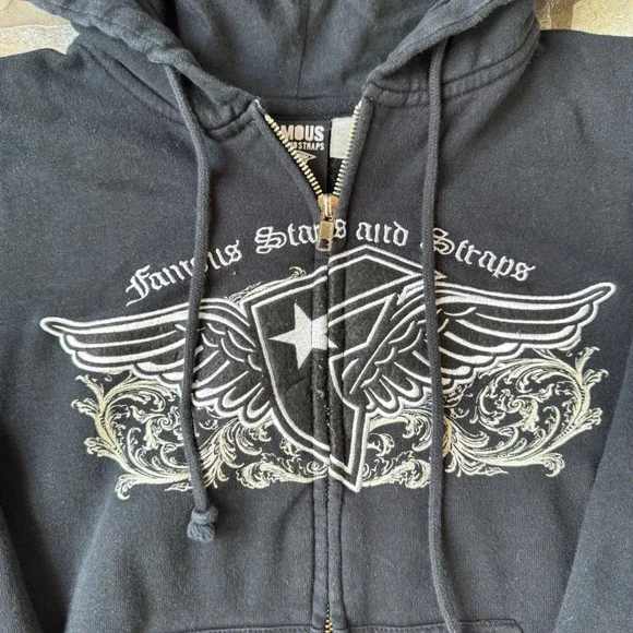 Y2K Famous Stars and Straps Hoodie Small Travis Barker Brand, Embroidered Zip Up